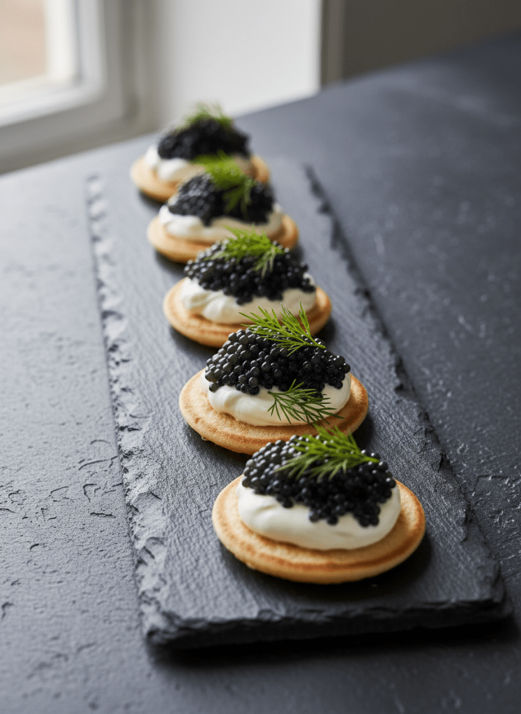 Elegant canapés topped with black lumpfish caviar on blinis with crème fraîche, garnished with fresh dill. Soft natural light, dark slate background, premium fine dining food photography, Scandinavian aesthetic. No text.